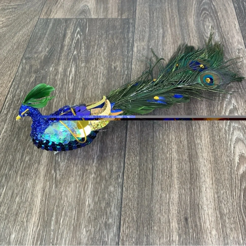 Peacock Blue Green Clip-on or Hanging Ornament with Feather Christmas 11